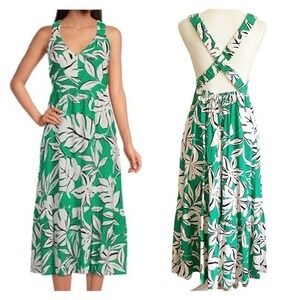 EVERY Women's Midi Dress Linen Blend Button Down Sleeveless Criss Cross Back M‎